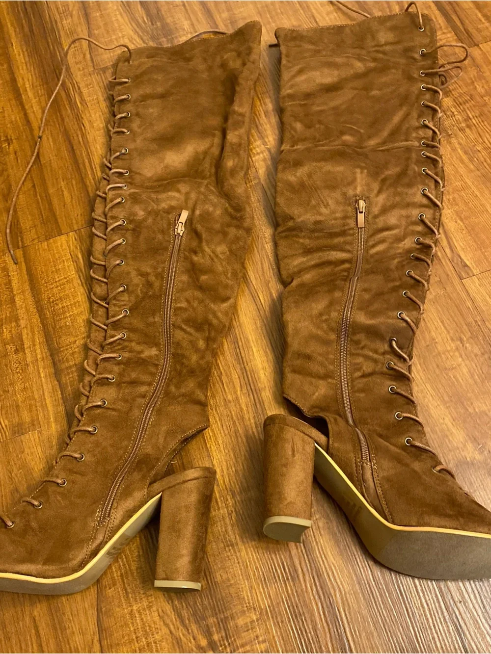 Over-the-Knee Lace-Up Suede Boots in Brown